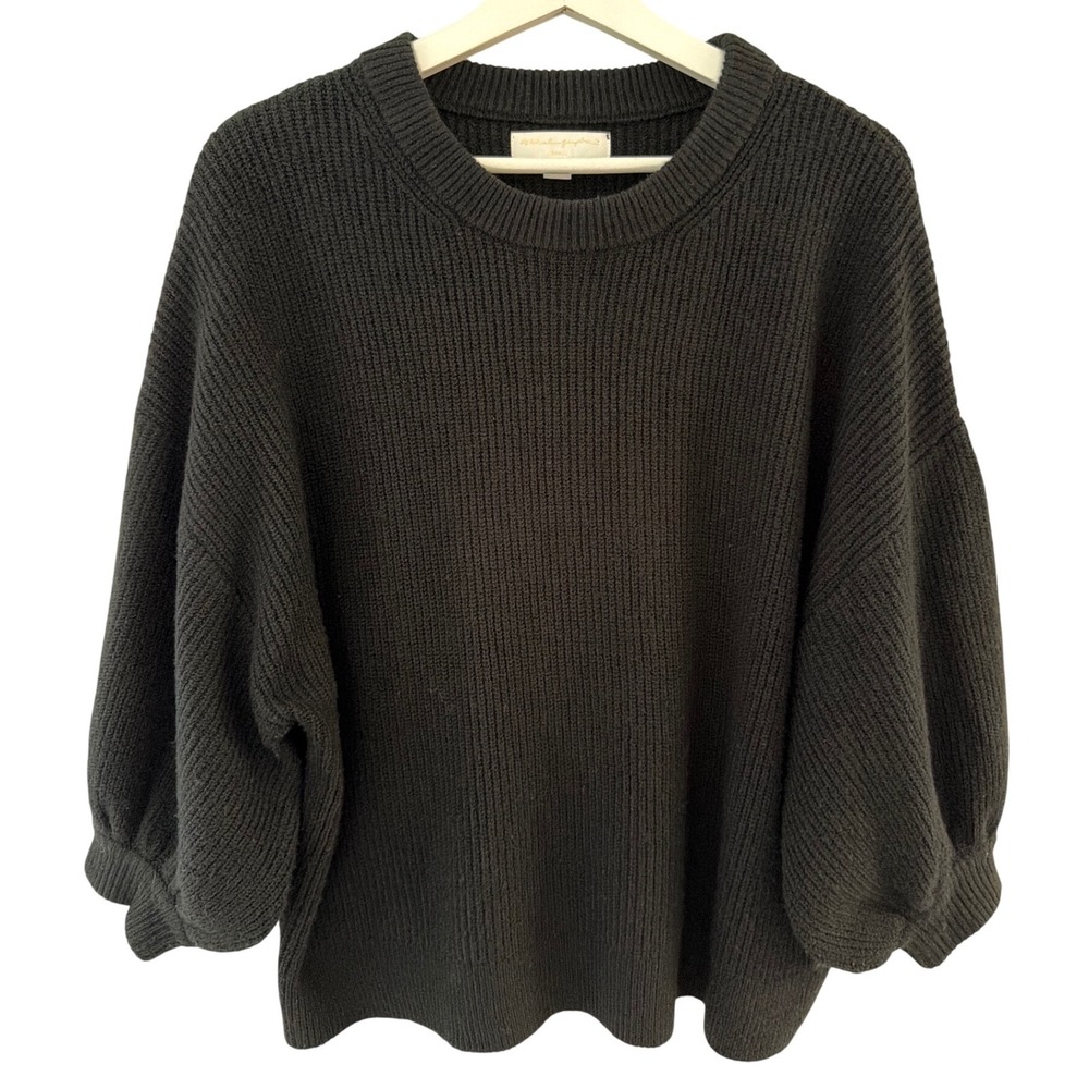 Spiritual Gangster Black Ribbed Knit Balloon Sleeve Cropped Sweater Oversized Sm